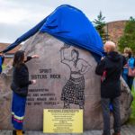 Miranda Laroche (left) assists other speakers at the ceremony reveal of the monument. The ceremony, which also saw the monument blessed, was in line with the national day of remembrance for MMIWG.