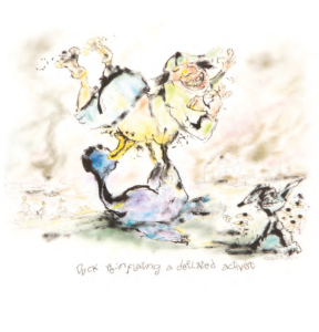 A drawing of a duck holding up an "activist" and blowing into their tummy.