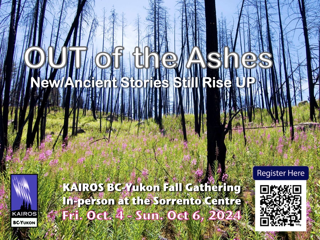 New green groundcover beneath burned tree trunks depicts the title, "Out of the Ashes"